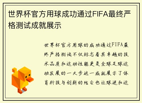 世界杯官方用球成功通过FIFA最终严格测试成就展示