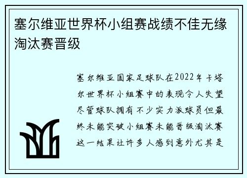 塞尔维亚世界杯小组赛战绩不佳无缘淘汰赛晋级