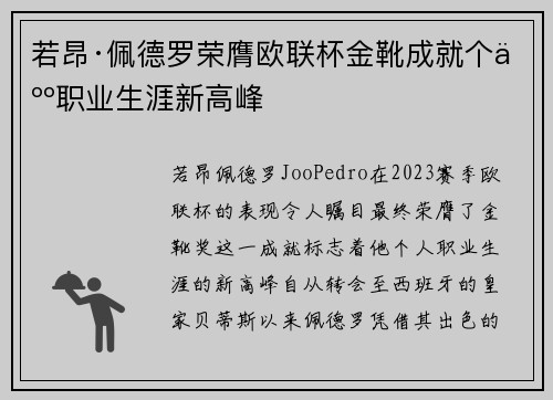 若昂·佩德罗荣膺欧联杯金靴成就个人职业生涯新高峰